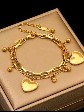 Chunky Gold Double-Layer Heart Charm Bracelet